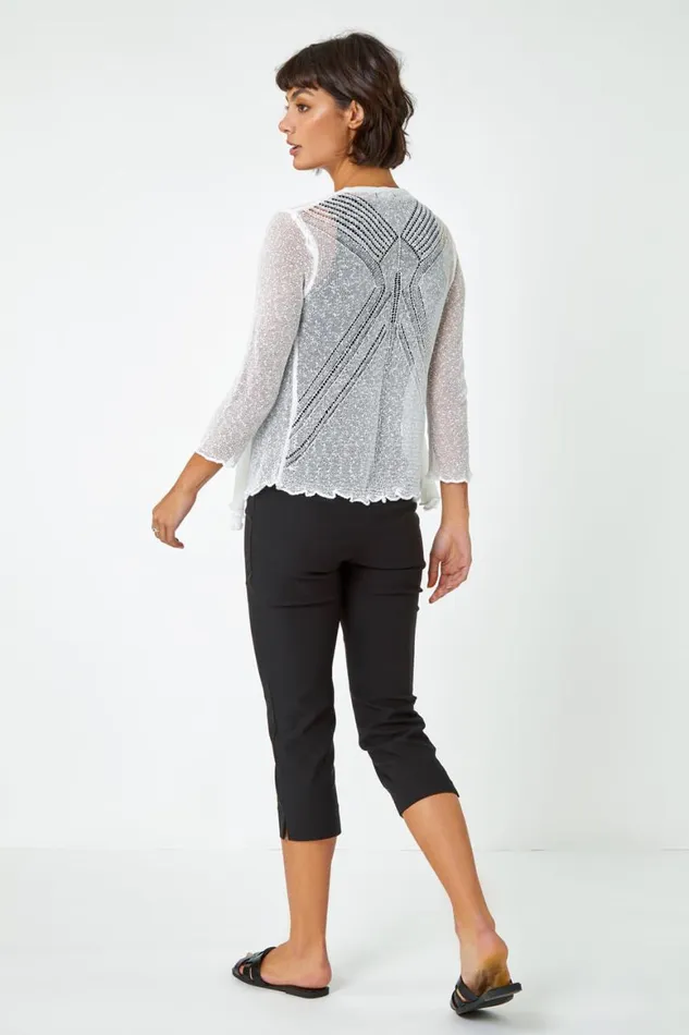 Women Ivory Textured Pointelle Detail Shrug Roman Knitwear