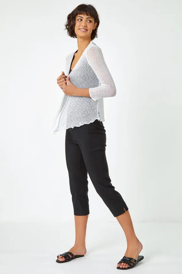 Women Ivory Textured Pointelle Detail Shrug Roman Knitwear