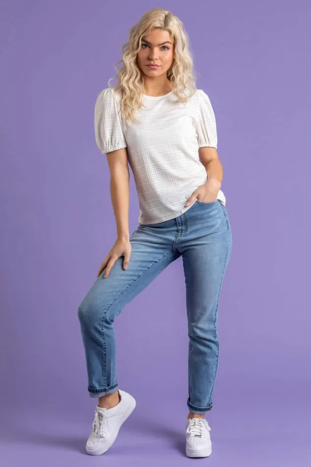 Women Ivory Textured Puff Sleeve Jersey Top Roman Tops