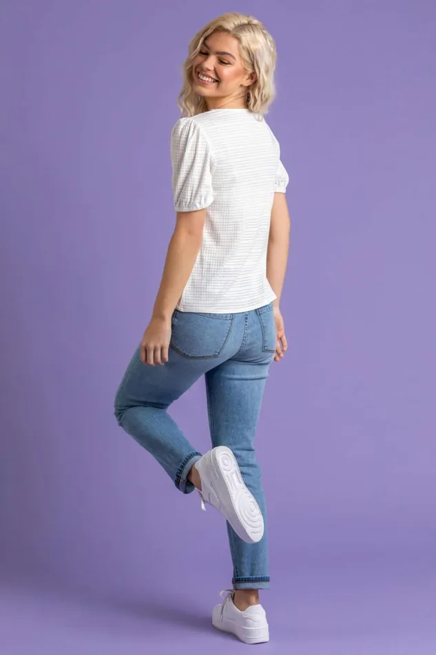 Women Ivory Textured Puff Sleeve Jersey Top Roman Tops