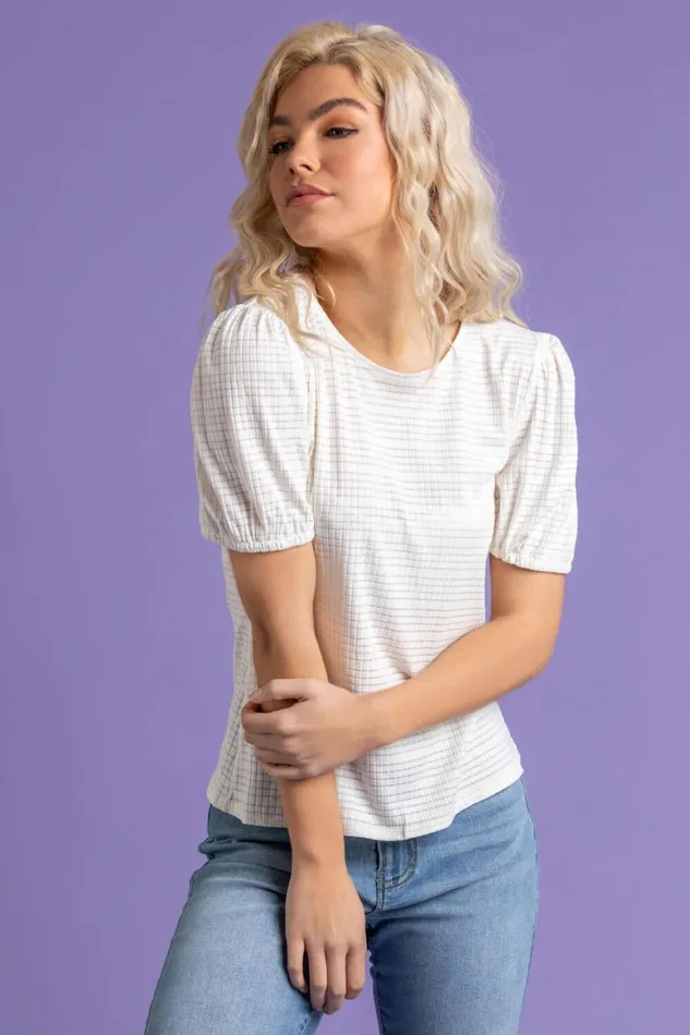 Women Ivory Textured Puff Sleeve Jersey Top Roman Tops
