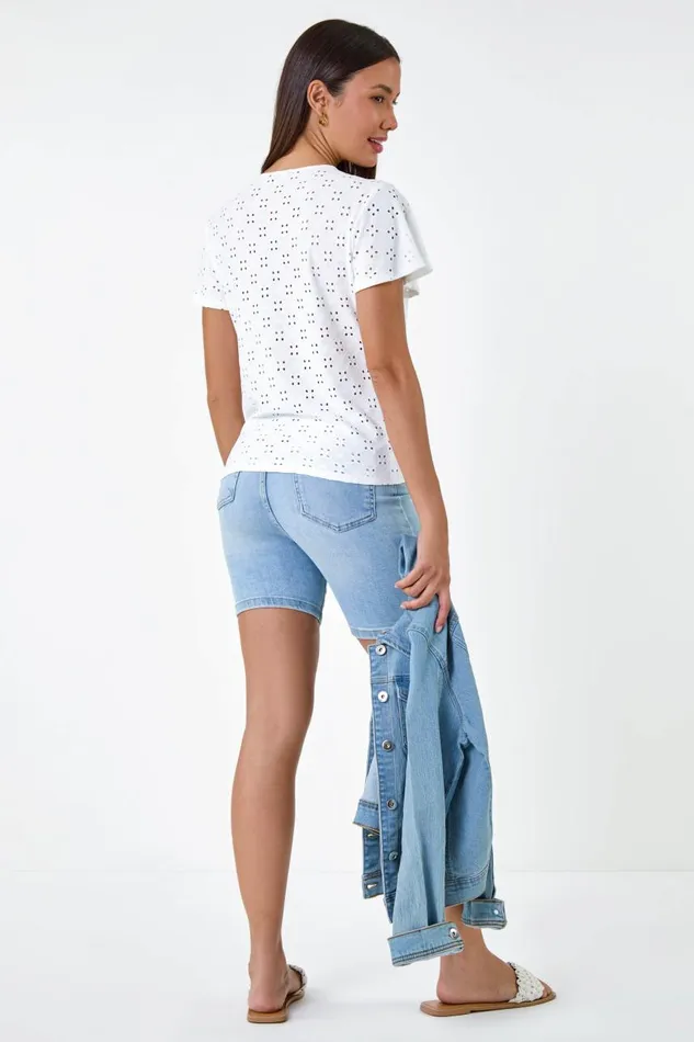 Women Ivory VNeck Broderie Stretch Jersey Tie Front Top Roman Tops