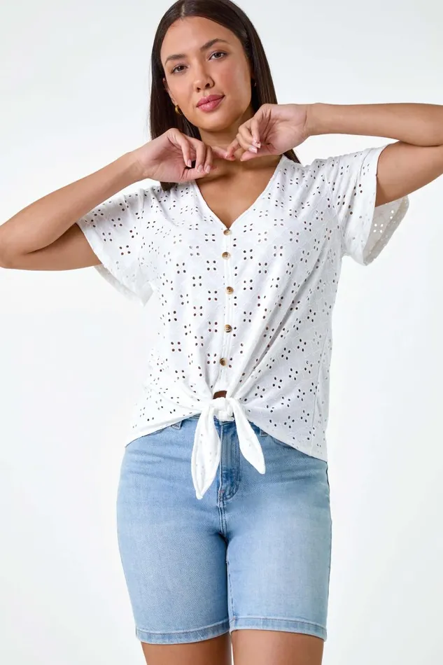 Women Ivory VNeck Broderie Stretch Jersey Tie Front Top Roman Tops