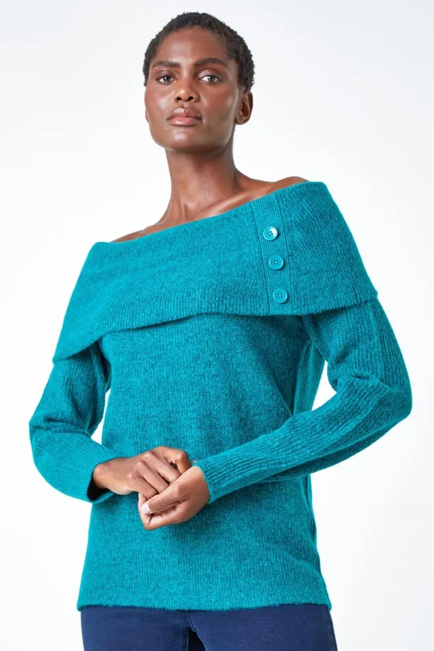 Women Jade Bardot Button Detail Stretch Jumper Roman Knitwear