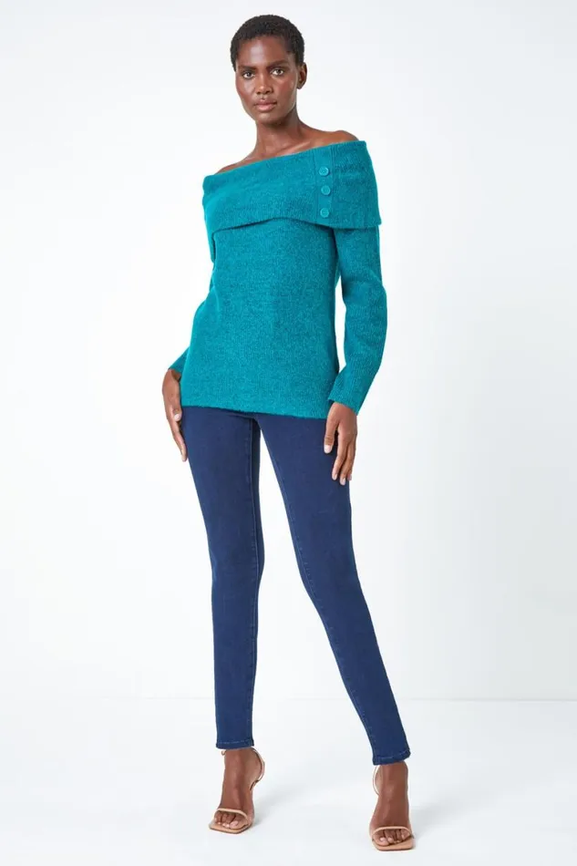 Women Jade Bardot Button Detail Stretch Jumper Roman Knitwear