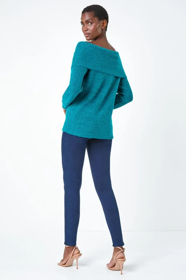 Women Jade Bardot Button Detail Stretch Jumper Roman Knitwear