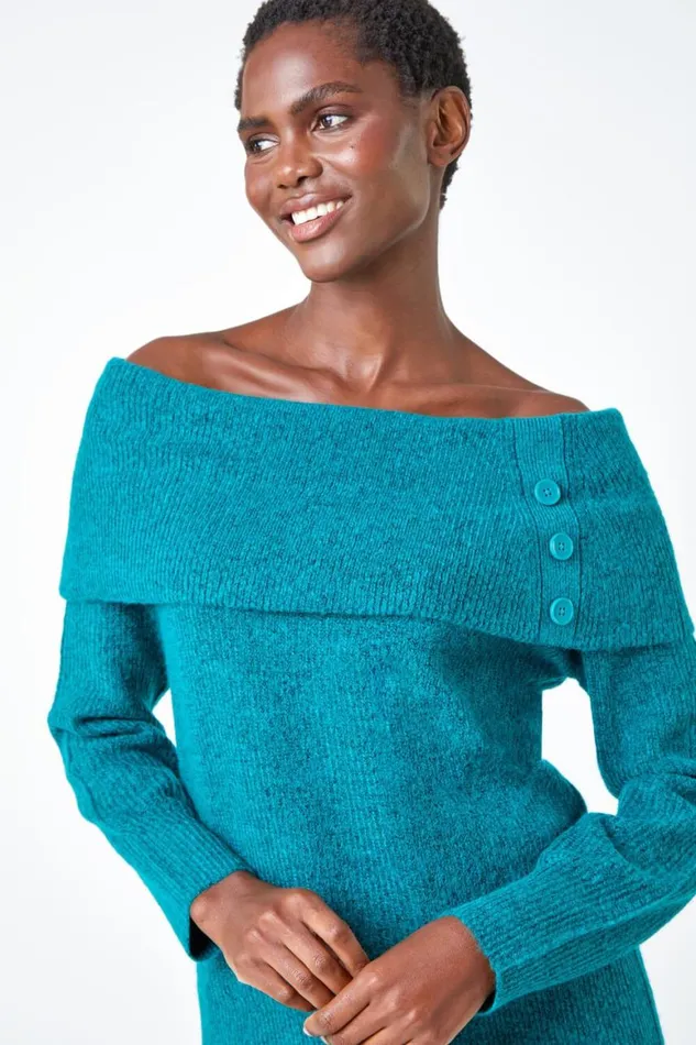Women Jade Bardot Button Detail Stretch Jumper Roman Knitwear
