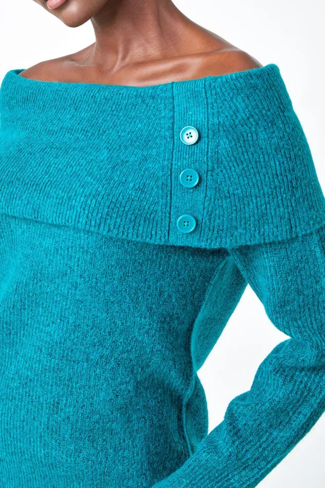 Women Jade Bardot Button Detail Stretch Jumper Roman Knitwear