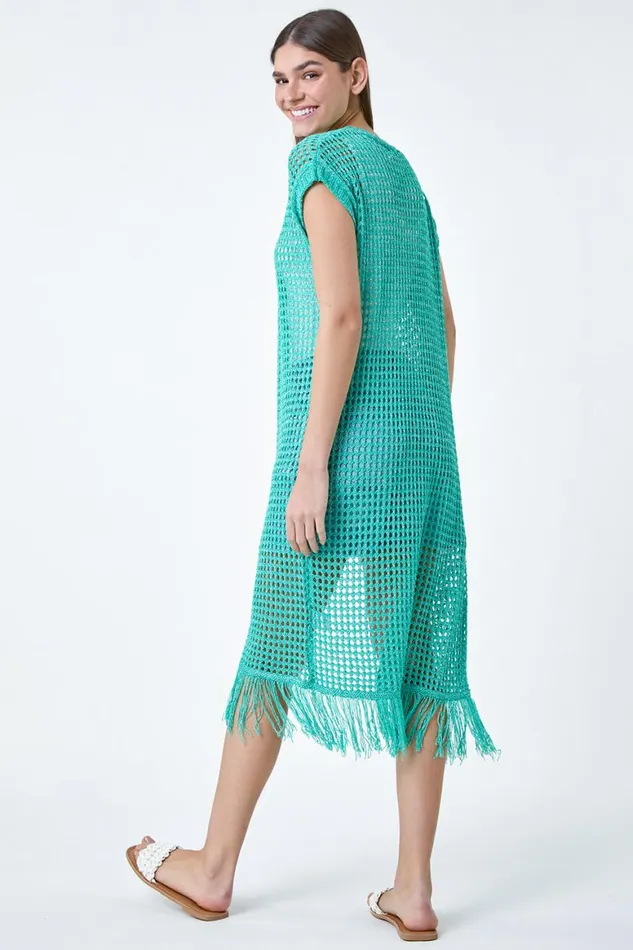 Women Jade Longline Shimmer Tassel Knit Kimono Roman Knitwear