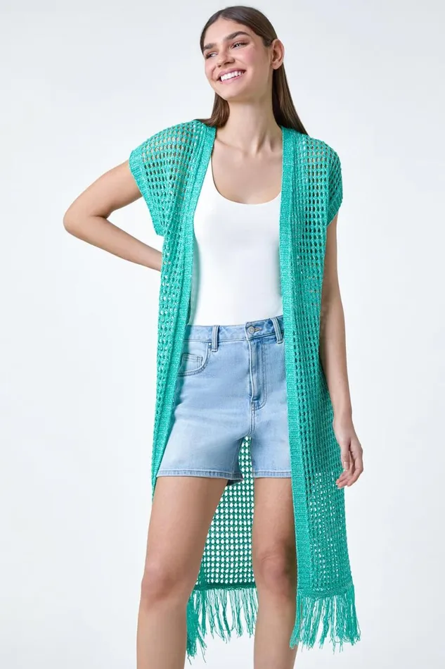Women Jade Longline Shimmer Tassel Knit Kimono Roman Knitwear