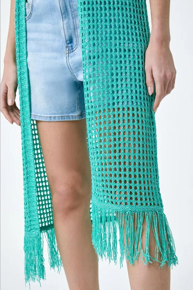 Women Jade Longline Shimmer Tassel Knit Kimono Roman Knitwear