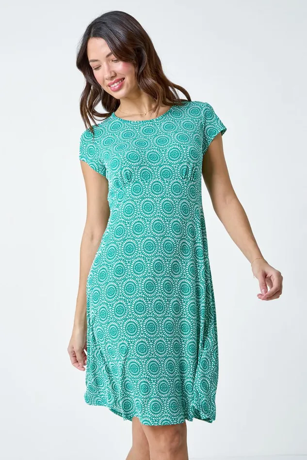 Women Jade Mosaic Puff Print Gathered Dress Roman Dresses