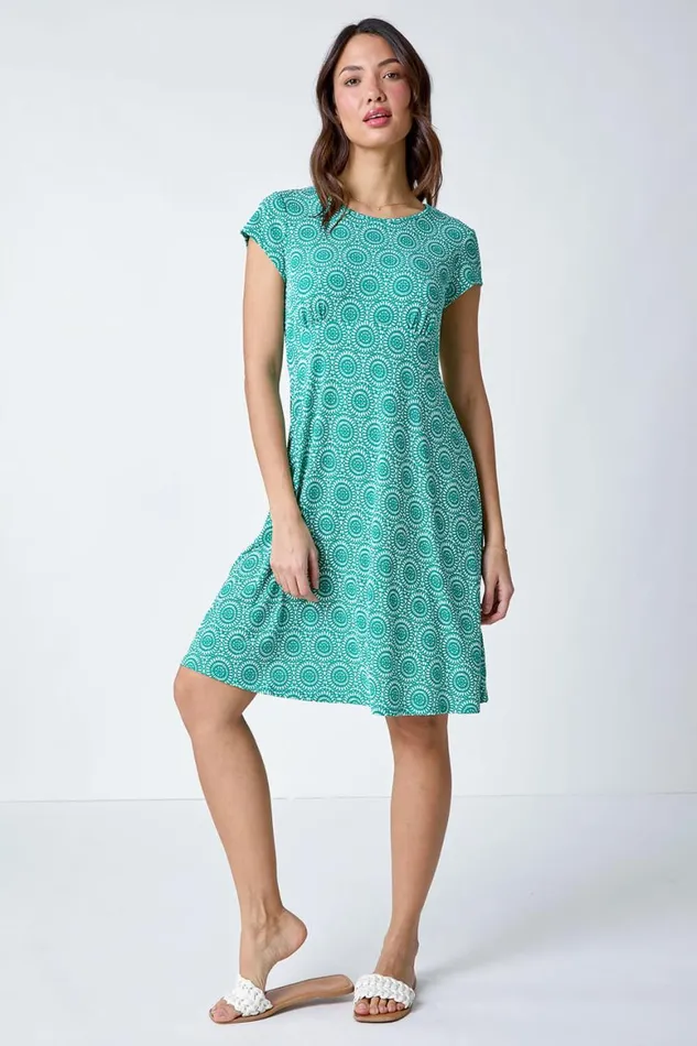 Women Jade Mosaic Puff Print Gathered Dress Roman Dresses