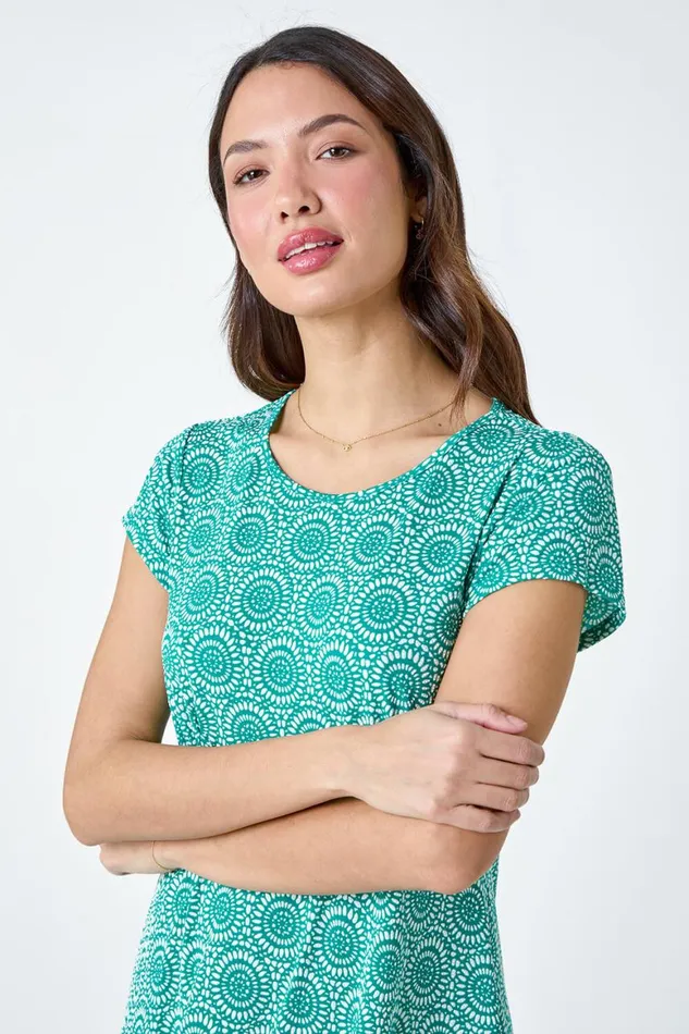 Women Jade Mosaic Puff Print Gathered Dress Roman Dresses