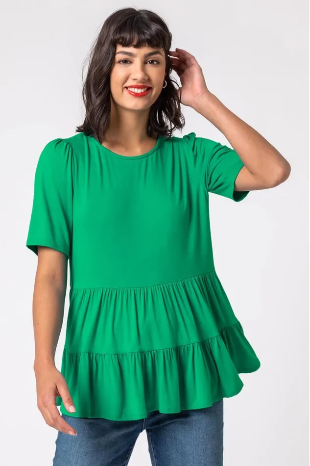 Women Jade Peplum Hem Tiered Smock Top Roman Tops