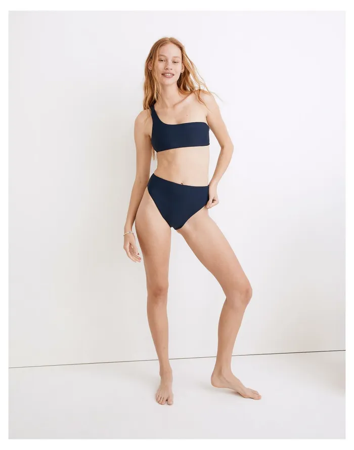 Women Jade Swim Apex One Shoulder Bikini Top Navy Madewell Swim