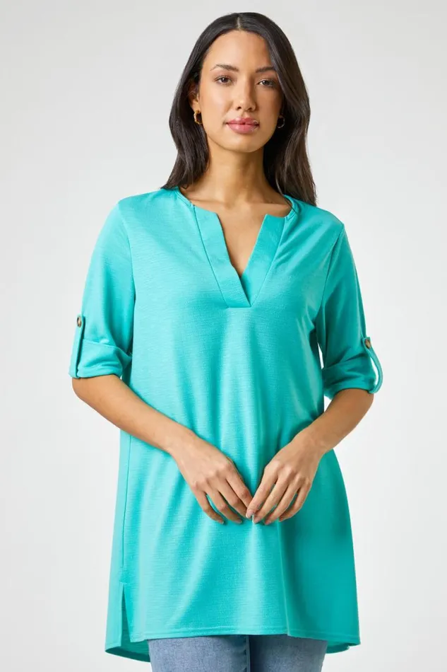 Women Jade Textured Notch Neck Tunic Top Roman Tops