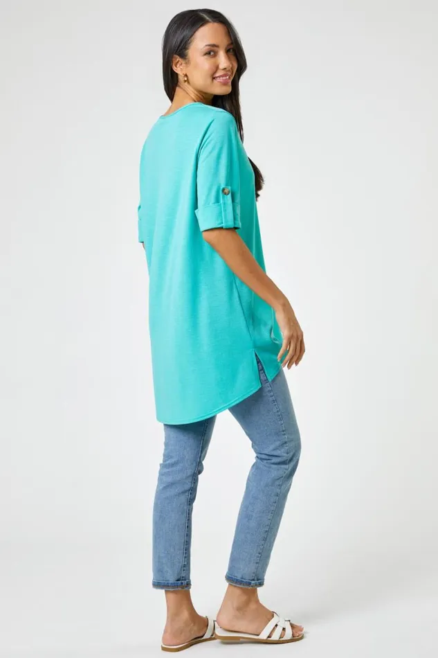 Women Jade Textured Notch Neck Tunic Top Roman Tops