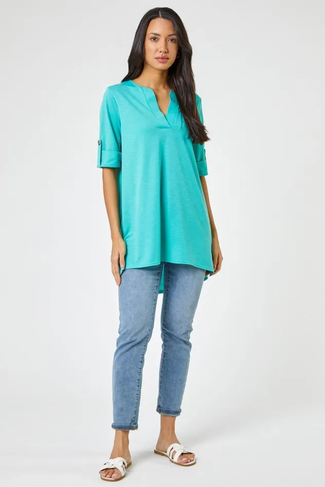 Women Jade Textured Notch Neck Tunic Top Roman Tops