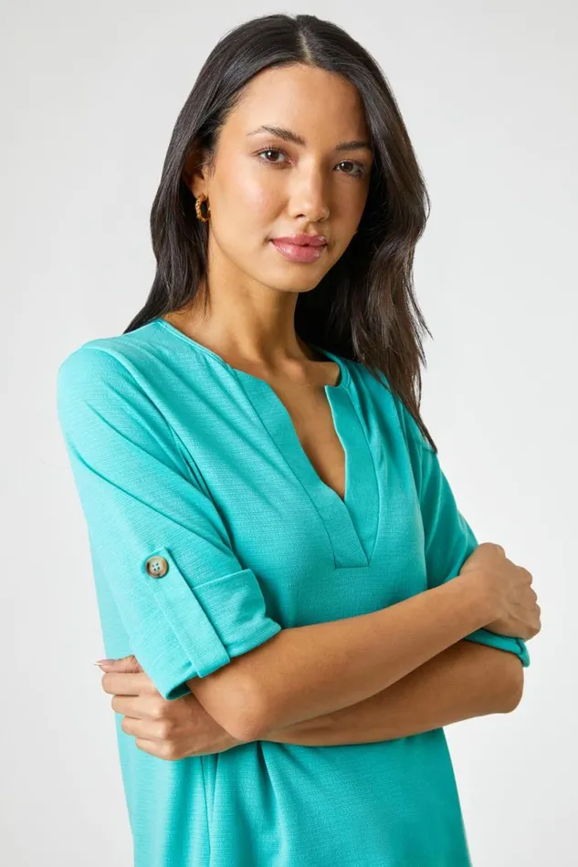 Women Jade Textured Notch Neck Tunic Top Roman Tops