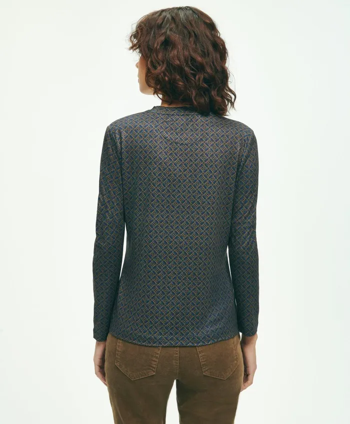 Women Jersey Equestrian Print LongSleeve TShirt Navy Multi Brooks Brothers Blouses and Shirts