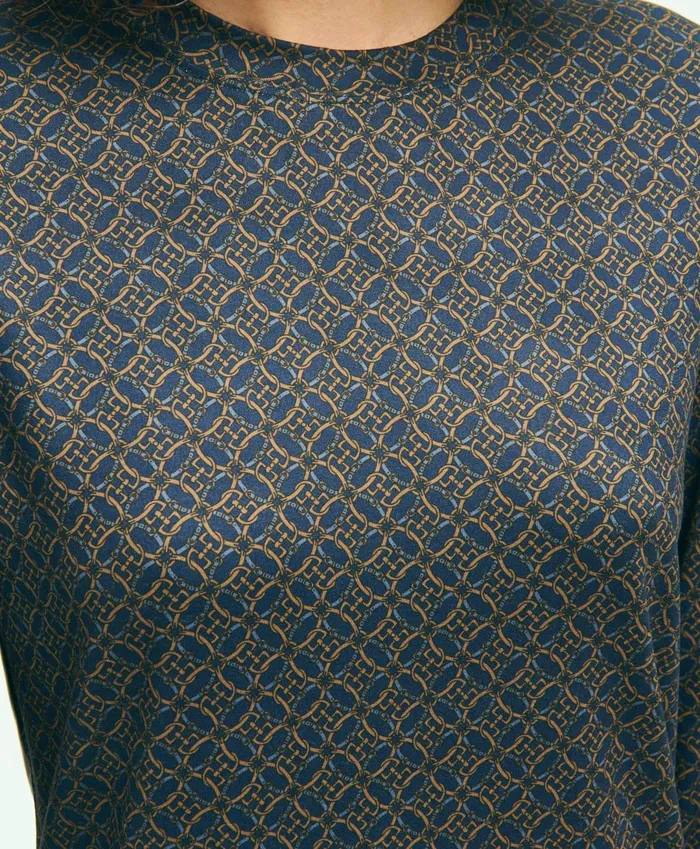 Women Jersey Equestrian Print LongSleeve TShirt Navy Multi Brooks Brothers Blouses and Shirts