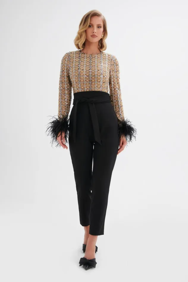 Women Jumpsuits and Playsuits Lavish Alice DELIA Embellished Feather Cuff Jumpsuit In Black Black