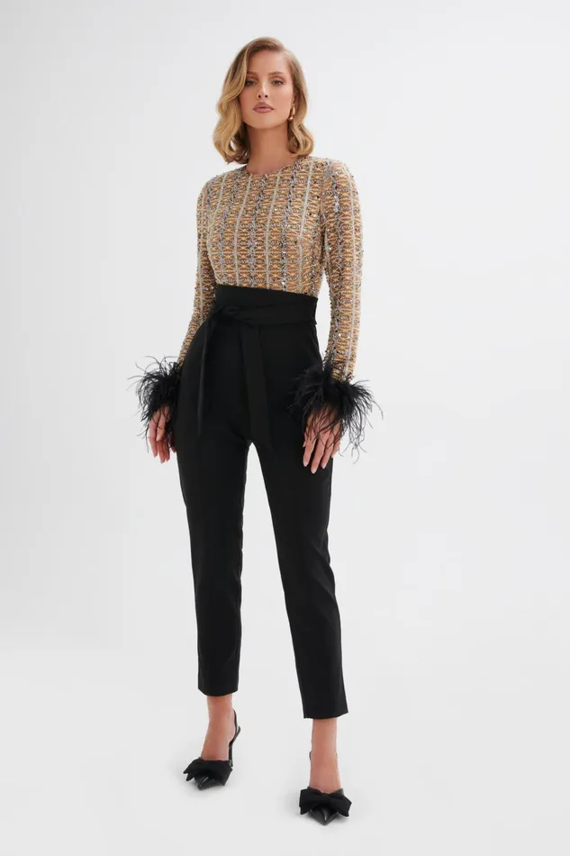 Women Jumpsuits and Playsuits Lavish Alice DELIA Embellished Feather Cuff Jumpsuit In Black Black