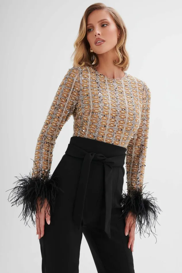 Women Jumpsuits and Playsuits Lavish Alice DELIA Embellished Feather Cuff Jumpsuit In Black Black