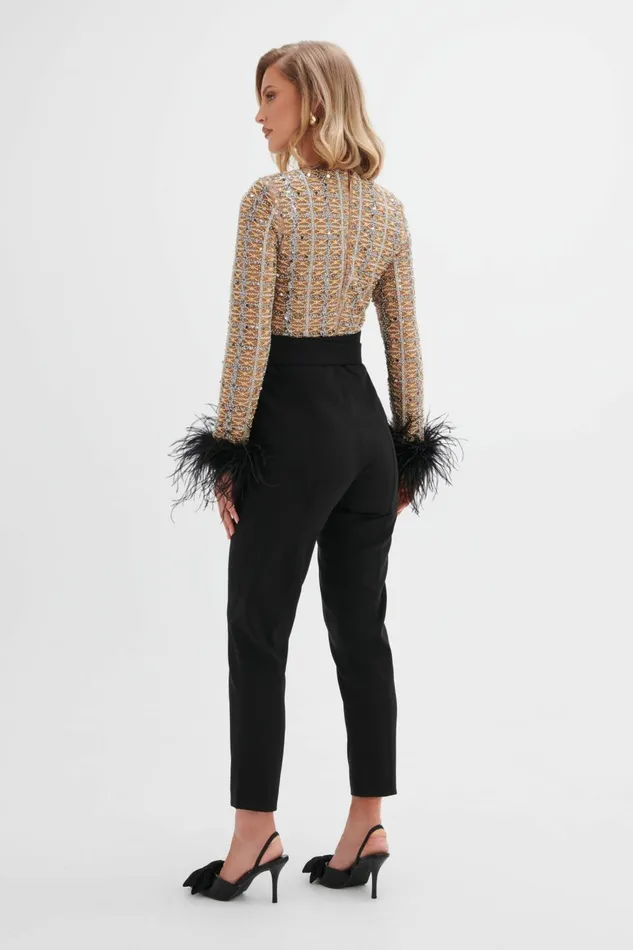 Women Jumpsuits and Playsuits Lavish Alice DELIA Embellished Feather Cuff Jumpsuit In Black Black