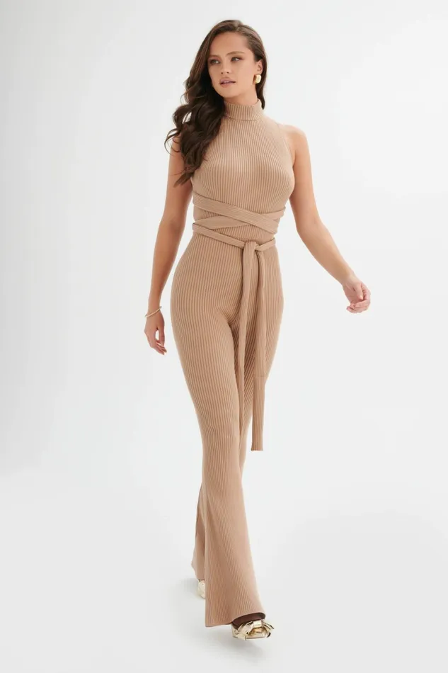 Women Jumpsuits and Playsuits Lavish Alice TAMARA Knitted Ribbed Open Back Jumpsuit In Camel Camel