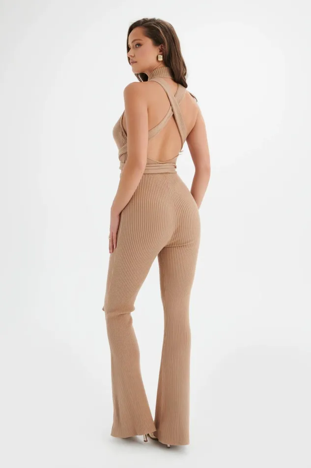 Women Jumpsuits and Playsuits Lavish Alice TAMARA Knitted Ribbed Open Back Jumpsuit In Camel Camel