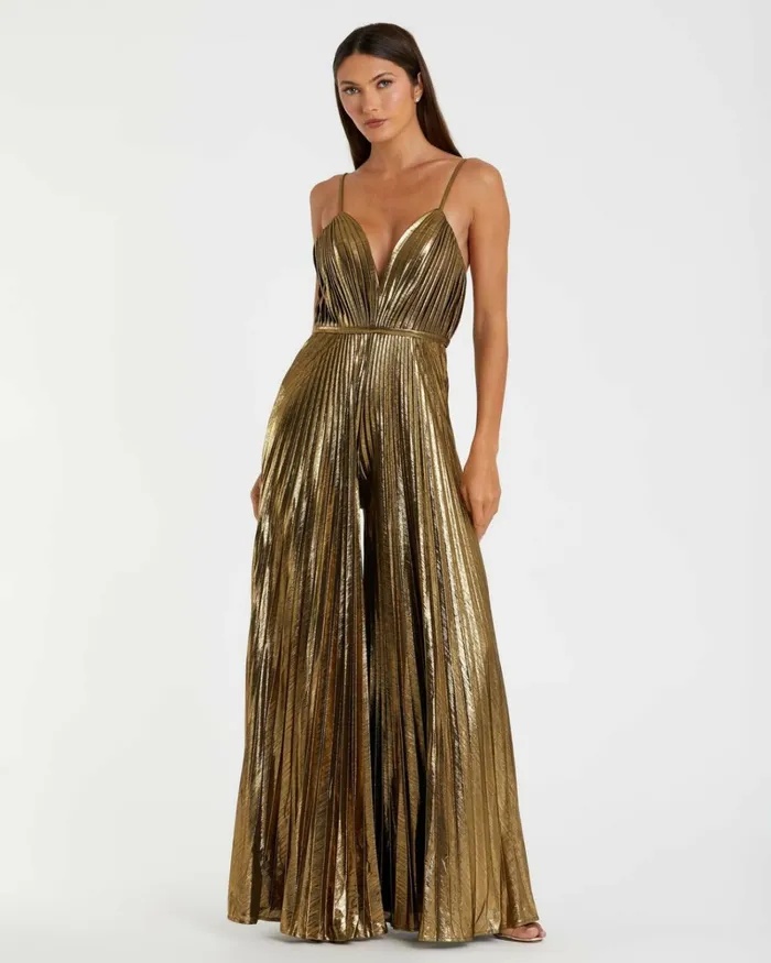 Women Jumpsuits and Rompers Mac Duggal Metallic Pleated VNeck Jumpsuit Antique Gold