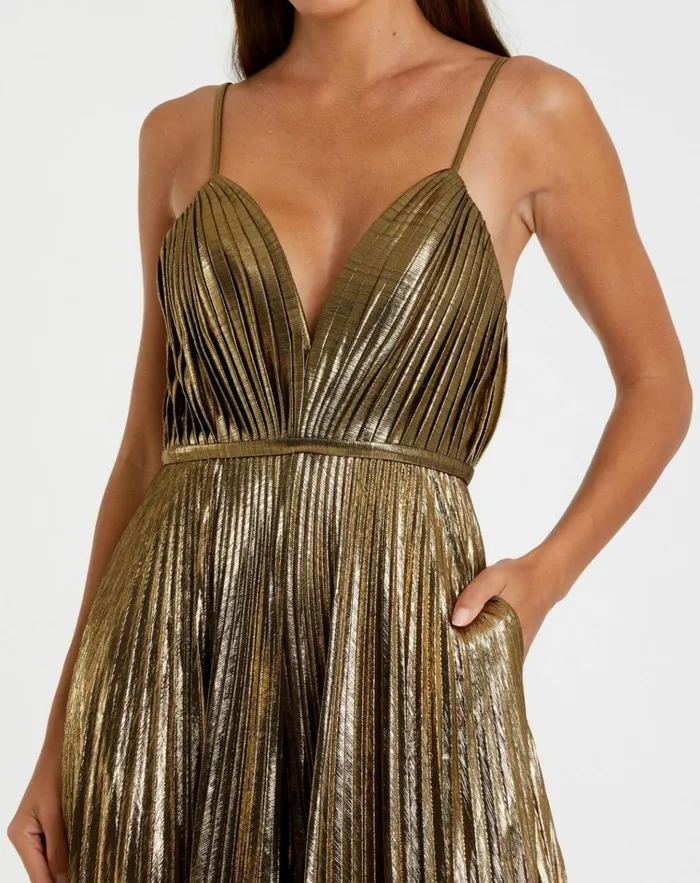 Women Jumpsuits and Rompers Mac Duggal Metallic Pleated VNeck Jumpsuit Antique Gold