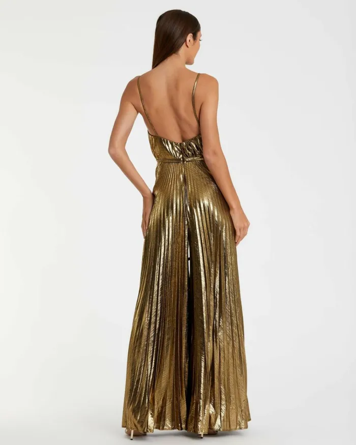 Women Jumpsuits and Rompers Mac Duggal Metallic Pleated VNeck Jumpsuit Antique Gold