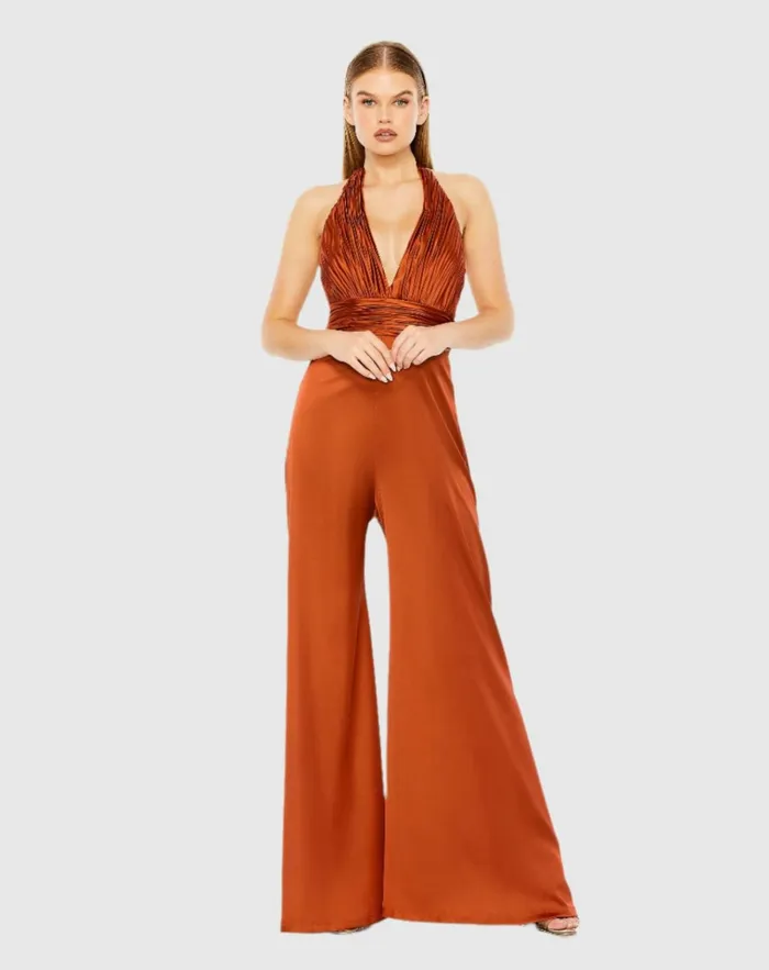 Women Jumpsuits and Rompers Mac Duggal Orange Ruched Halter Top Wide Leg Satin Jumpsuit Rust Women Jumpsuits and Rompers Mac Duggal Orange Ruched Halter Top Wide Leg Satin Jumpsuit Rust