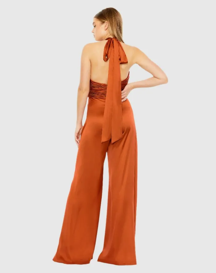 Women Jumpsuits and Rompers Mac Duggal Orange Ruched Halter Top Wide Leg Satin Jumpsuit Rust Women Jumpsuits and Rompers Mac Duggal Orange Ruched Halter Top Wide Leg Satin Jumpsuit Rust