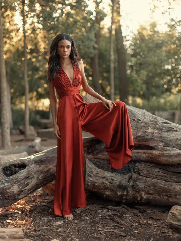Women Jumpsuits and Rompers Mac Duggal Orange Ruched Halter Top Wide Leg Satin Jumpsuit Rust Women Jumpsuits and Rompers Mac Duggal Orange Ruched Halter Top Wide Leg Satin Jumpsuit Rust