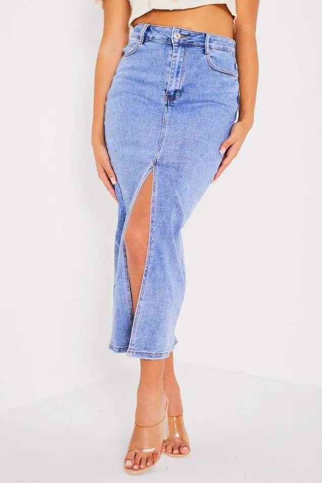 Women Jupe Droite En Jean Bleu Fendu Blue Brentiny Paris Skirts
