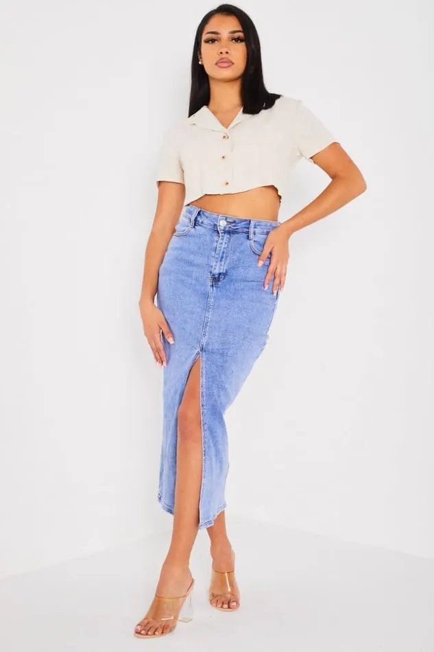 Women Jupe Droite En Jean Bleu Fendu Blue Brentiny Paris Skirts