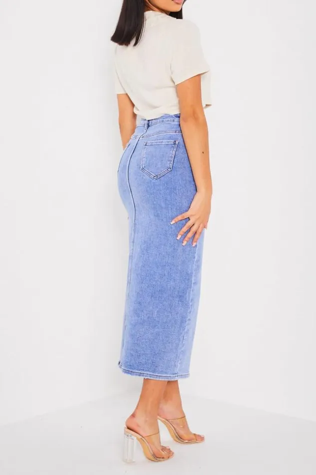 Women Jupe Droite En Jean Bleu Fendu Blue Brentiny Paris Skirts
