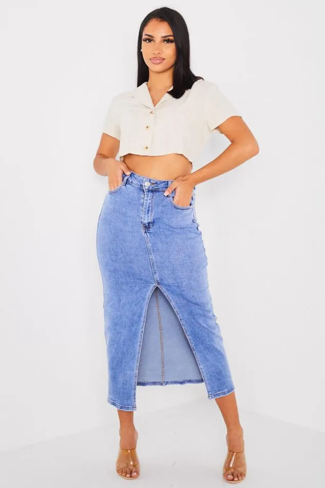 Women Jupe Droite En Jean Bleu Fendu Blue Brentiny Paris Skirts