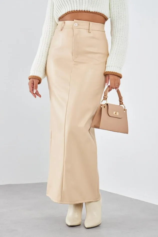 Women Jupe Longue En Simili Cuir Beige Beige Brentiny Paris White Tops