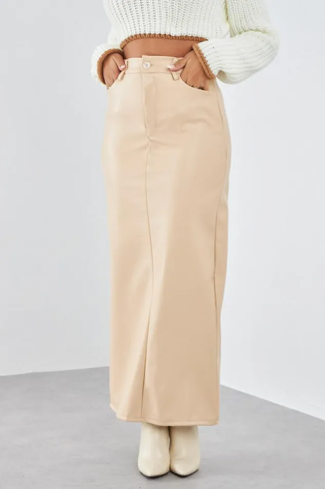 Women Jupe Longue En Simili Cuir Beige Beige Brentiny Paris White Tops