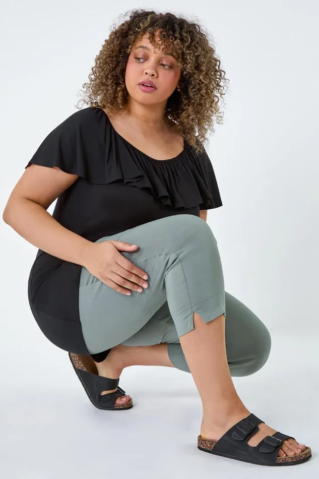 Women Khaki Curve Elastic Waist Stretch Cropped Trouser Roman Occasionwear