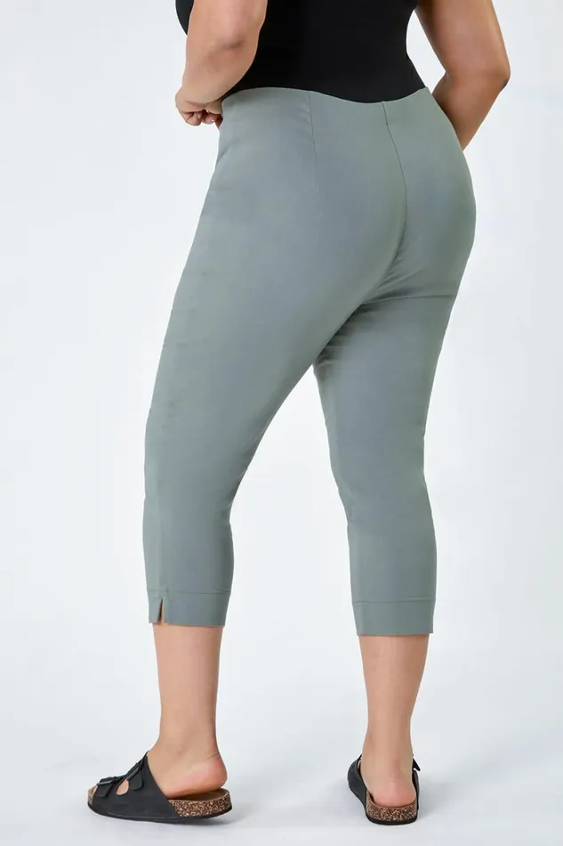 Women Khaki Curve Elastic Waist Stretch Cropped Trouser Roman Occasionwear