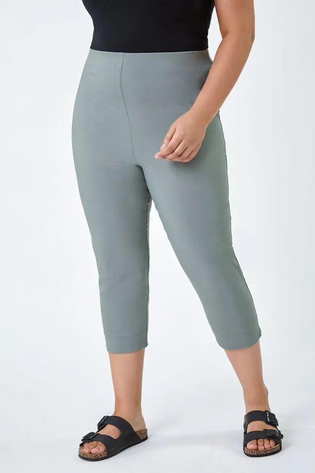 Women Khaki Curve Elastic Waist Stretch Cropped Trouser Roman Occasionwear