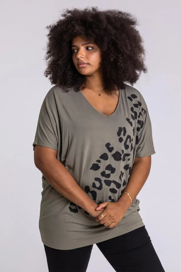 Women Khaki Curve Embellished Animal Print TShirt Roman Tops