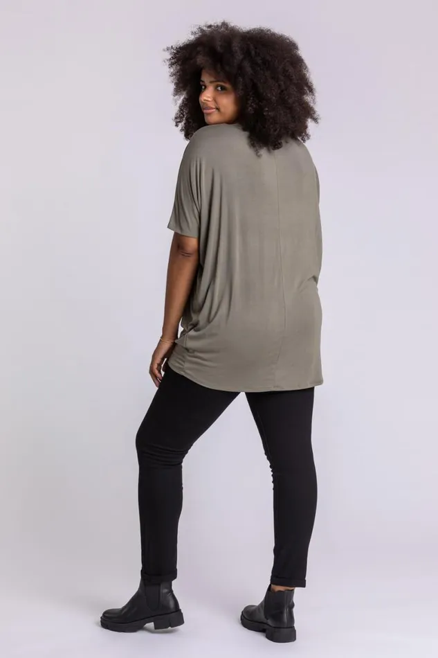 Women Khaki Curve Embellished Animal Print TShirt Roman Tops