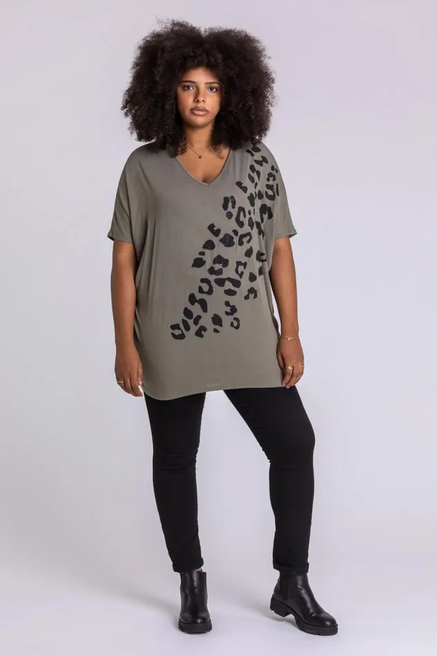 Women Khaki Curve Embellished Animal Print TShirt Roman Tops